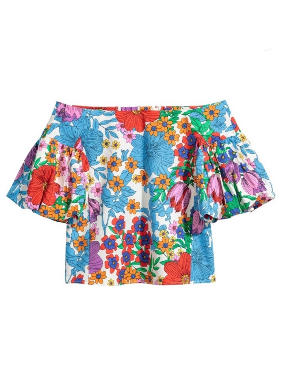 H&M Floral Off-Shoulder Puff Sleeve Top - Blue, Red, Orange, Green
